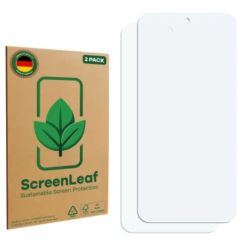 Front side of a product packaging with the brand logo ScreenLeaf. Next to it is the corresponding screen protector.