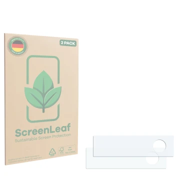 Front side of a product packaging with the brand logo ScreenLeaf. Next to it is the corresponding screen protector.
