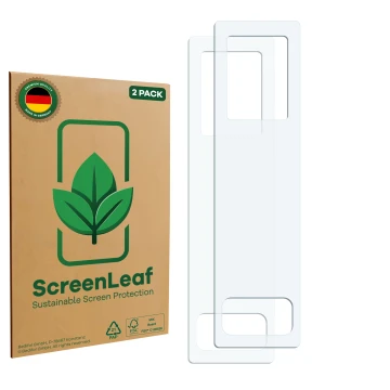 Front side of a product packaging with the brand logo ScreenLeaf. Next to it is the corresponding screen protector.