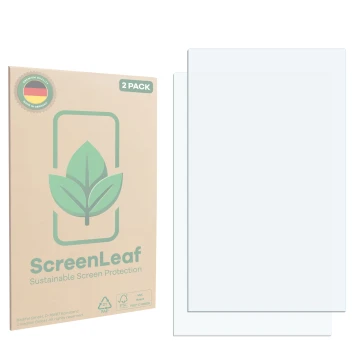 Front side of a product packaging with the brand logo ScreenLeaf. Next to it is the corresponding screen protector.
