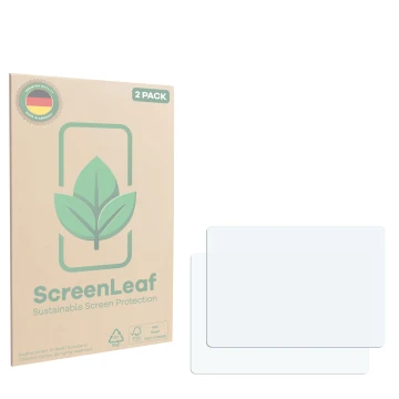 Front side of a product packaging with the brand logo ScreenLeaf. Next to it is the corresponding screen protector.