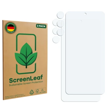 Front side of a product packaging with the brand logo ScreenLeaf. Next to it is the corresponding screen protector.