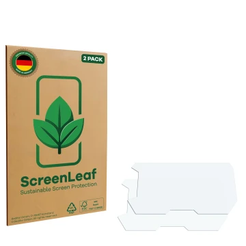 Front side of a product packaging with the brand logo ScreenLeaf. Next to it is the corresponding screen protector.