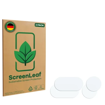 Front side of a product packaging with the brand logo ScreenLeaf. Next to it is the corresponding screen protector.