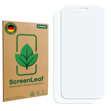 Front side of a product packaging with the brand logo ScreenLeaf. Next to it is the corresponding screen protector.