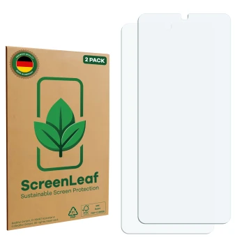 Front side of a product packaging with the brand logo ScreenLeaf. Next to it is the corresponding screen protector.