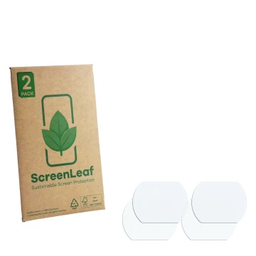 Front side of a product packaging with the brand logo ScreenLeaf. Next to it is the corresponding screen protector.