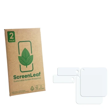 Front side of a product packaging with the brand logo ScreenLeaf. Next to it is the corresponding screen protector.