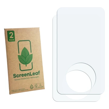 Front side of a product packaging with the brand logo ScreenLeaf. Next to it is the corresponding screen protector.