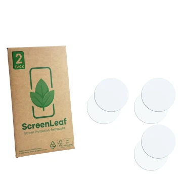 Front side of a product packaging with the brand logo ScreenLeaf. Next to it is the corresponding screen protector.