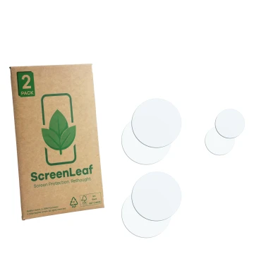 Front side of a product packaging with the brand logo ScreenLeaf. Next to it is the corresponding screen protector.