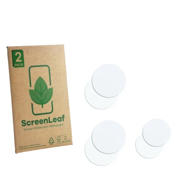 Front side of a product packaging with the brand logo ScreenLeaf. Next to it is the corresponding screen protector.