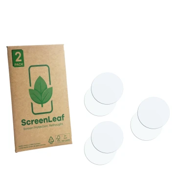 Front side of a product packaging with the brand logo ScreenLeaf. Next to it is the corresponding screen protector.