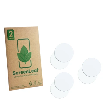 Front side of a product packaging with the brand logo ScreenLeaf. Next to it is the corresponding screen protector.