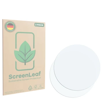 Front side of a product packaging with the brand logo ScreenLeaf. Next to it is the corresponding screen protector.