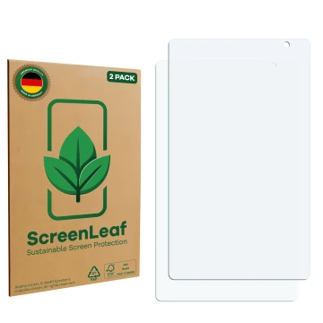 Front side of a product packaging with the brand logo ScreenLeaf. Next to it is the corresponding screen protector.