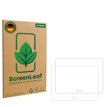 Front side of a product packaging with the brand logo ScreenLeaf. Next to it is the corresponding screen protector.