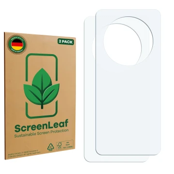 Front side of a product packaging with the brand logo ScreenLeaf. Next to it is the corresponding screen protector.