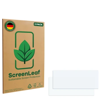 Front side of a product packaging with the brand logo ScreenLeaf. Next to it is the corresponding screen protector.