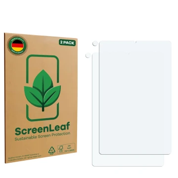 Front side of a product packaging with the brand logo ScreenLeaf. Next to it is the corresponding screen protector.