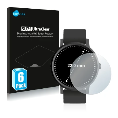 Front side of a product packaging with the brand logo Savvies. Next to it is the device Watches (Circular, ø: 22 mm) shown wit