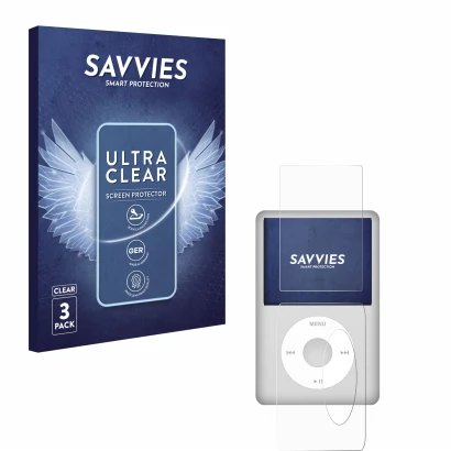 Front side of a product packaging with the brand logo Savvies. Next to it is the device Apple iPod Classic (Front+Back, 5.5 Ge