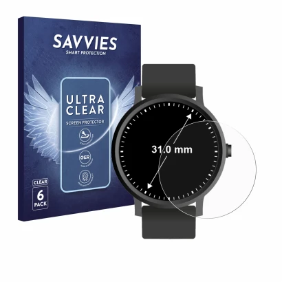 Front side of a product packaging with the brand logo Savvies. Next to it is the device Watches (circular, ø: 31 mm) shown wit