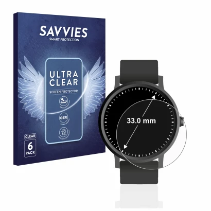 Front side of a product packaging with the brand logo Savvies. Next to it is the device Watches (Circular, ø: 33 mm) shown wit