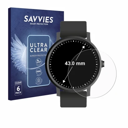 Front side of a product packaging with the brand logo Savvies. Next to it is the device Watches (Circular, ø: 43 mm) shown wit