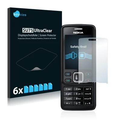 Front side of a product packaging with the brand logo Savvies. Next to it is the device Nokia 6300 2007 shown with the corresp