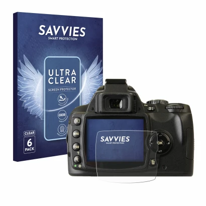 Front side of a product packaging with the brand logo Savvies. Next to it is the device Nikon D40x shown with the correspondin