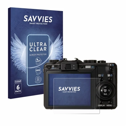 Front side of a product packaging with the brand logo Savvies. Next to it is the device Canon PowerShot G9 shown with the corr