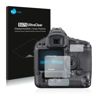Front side of a product packaging with the brand logo Savvies. Next to it is the device Canon EOS 1Ds Mark III shown with the 