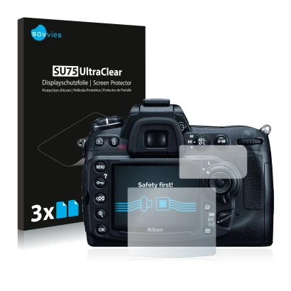 Front side of a product packaging with the brand logo Savvies. Next to it is the device Nikon D300 shown with the correspondin