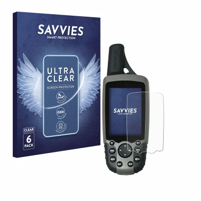 Front side of a product packaging with the brand logo Savvies. Next to it is the device Garmin GPSMAP 60CSx shown with the cor