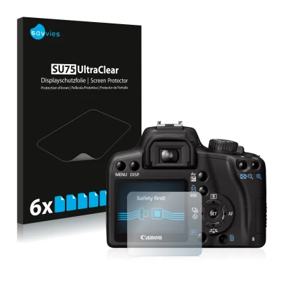 Front side of a product packaging with the brand logo Savvies. Next to it is the device Canon EOS 1000D shown with the corresp