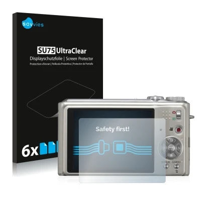 Front side of a product packaging with the brand logo Savvies. Next to it is the device Panasonic Lumix DMC-TZ7 shown with the