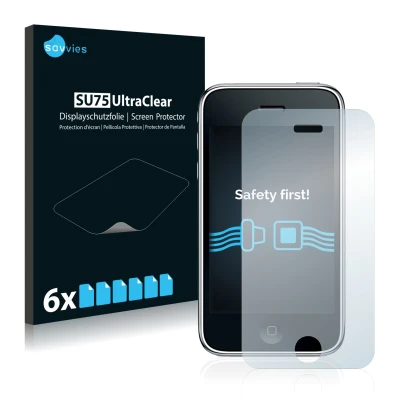 Front side of a product packaging with the brand logo Savvies. Next to it is the device Apple iPhone 3GS shown with the corres