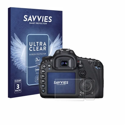 Front side of a product packaging with the brand logo Savvies. Next to it is the device Canon EOS 7D shown with the correspond