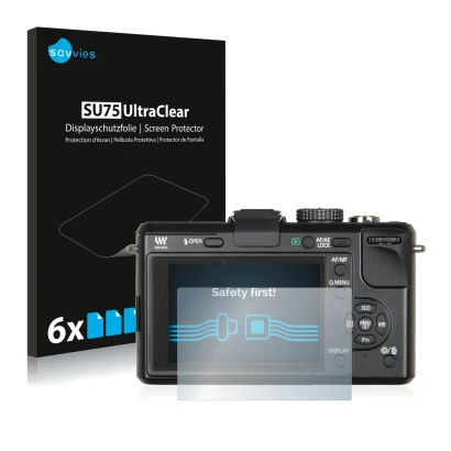 Front side of a product packaging with the brand logo Savvies. Next to it is the device Panasonic Lumix DMC-GF1 shown with the