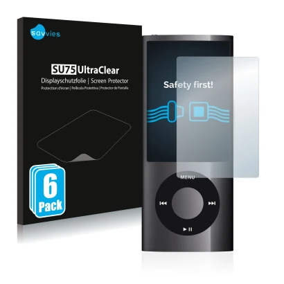 Front side of a product packaging with the brand logo Savvies. Next to it is the device Apple iPod nano 2009 (5th. Gen.) shown
