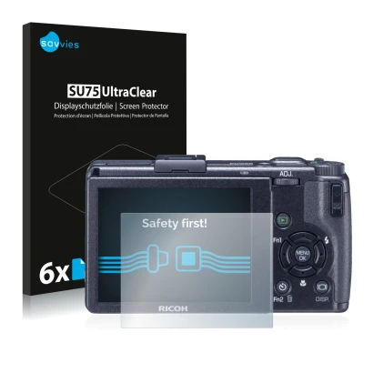 Front side of a product packaging with the brand logo Savvies. Next to it is the device Ricoh GR Digital III (2009-2011) shown