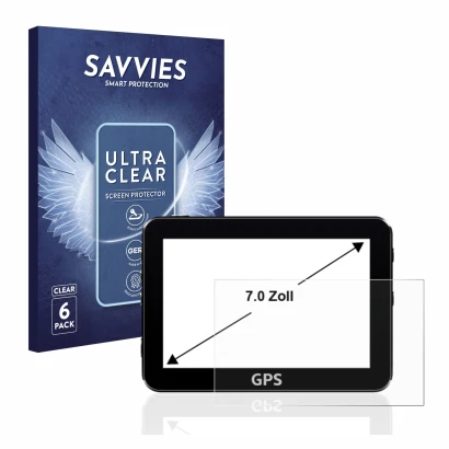 Front side of a product packaging with the brand logo Savvies. Next to it is the device shown with the corresponding screen pr