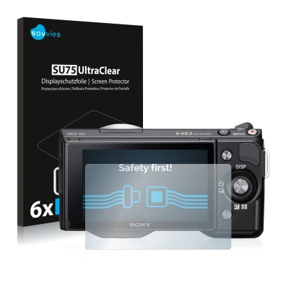 Front side of a product packaging with the brand logo Savvies. Next to it is the device Sony Alpha NEX-5 shown with the corres