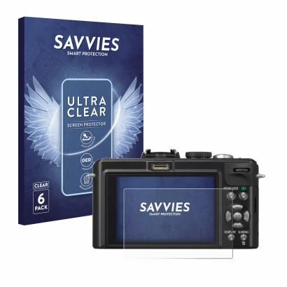 Front side of a product packaging with the brand logo Savvies. Next to it is the device Panasonic Lumix DMC-LX5 shown with the