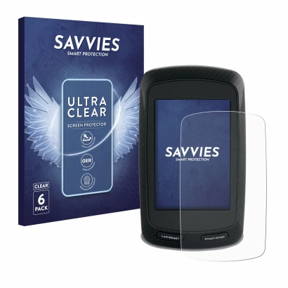 Front side of a product packaging with the brand logo Savvies. Next to it is the device Garmin Edge 800 shown with the corresp
