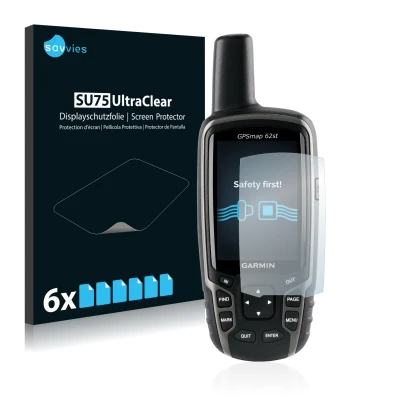 Front side of a product packaging with the brand logo Savvies. Next to it is the device Garmin GPSMAP 62st shown with the corr