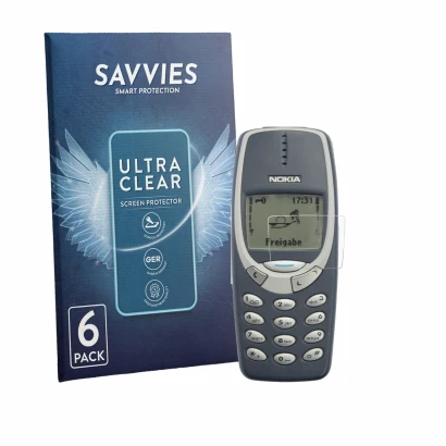 Front side of a product packaging with the brand logo Savvies. Next to it is the device Nokia 3310 2011 shown with the corresp