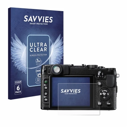 Front side of a product packaging with the brand logo Savvies. Next to it is the device Fujifilm FinePix X10 shown with the co