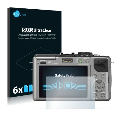 Front side of a product packaging with the brand logo Savvies. Next to it is the device Panasonic Lumix DMC-GX1 shown with the